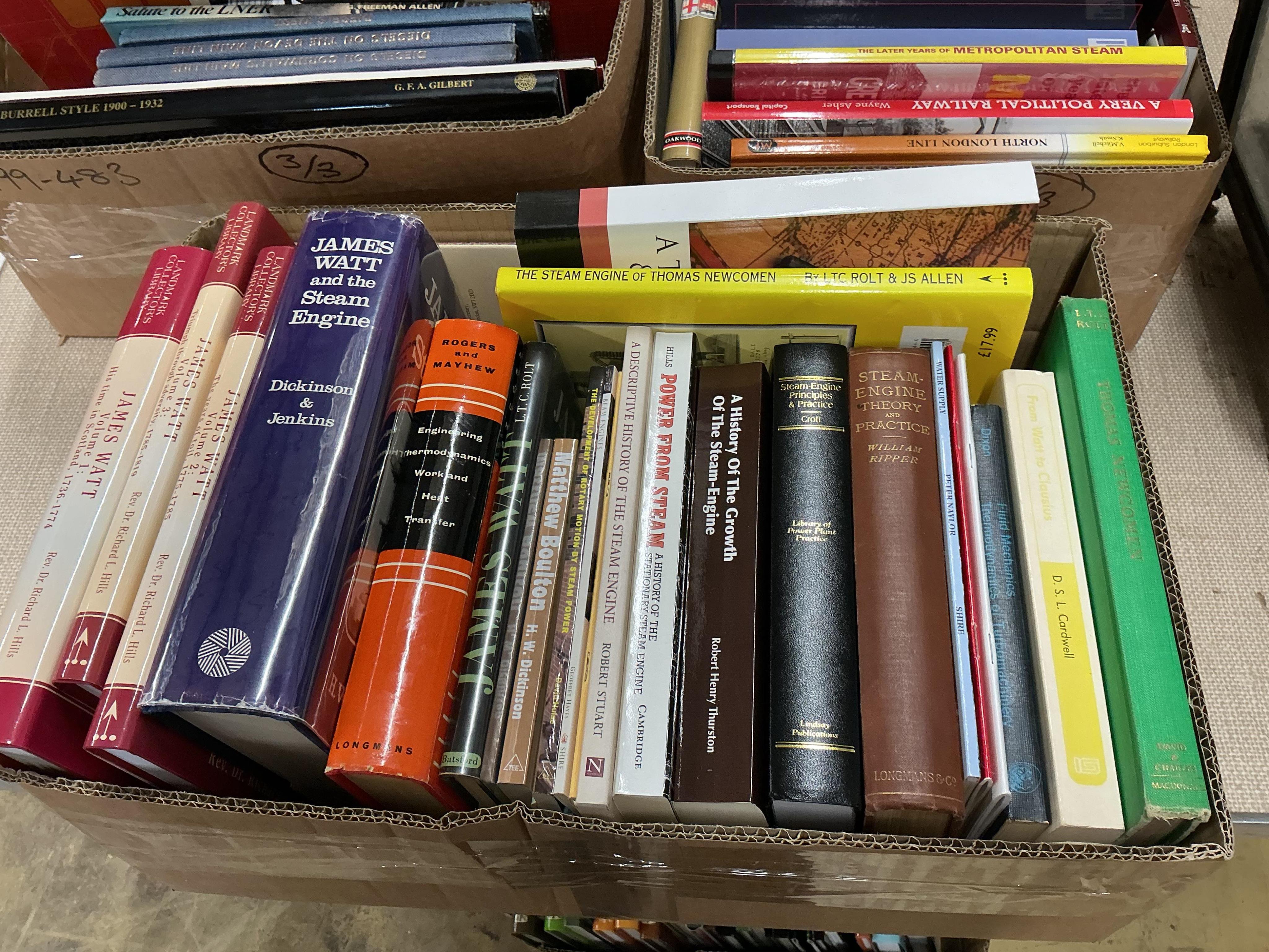 Three boxes of railway related books, subjects include; James Watt, Steam Engine Theory, LMS Locomotive Design & Development, Locomotive Engineers of the LMS, Fowler Locomotives, World Atlas of Railways, Steam on Canvas,